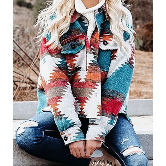 Multicolor Aztec Tribal Print Button Down Corduroy Shacket Jacket Coat - Picture 2 of 9
